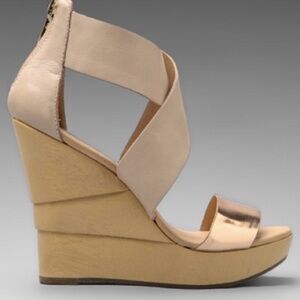 Diane von Furstenberg DVF Rose Gold Pumice Beige Leather Strappy Opal Wedges 8